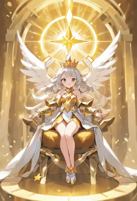 Full-body, silver-haired young girl, golden eyes, angelic body, and white armor with a mini skirt, wield a shield, wear a cloak and golden crown, sitting on the throne of golden sun, white wings, heavenly sun, and dawn background scene, the magic circle wi...