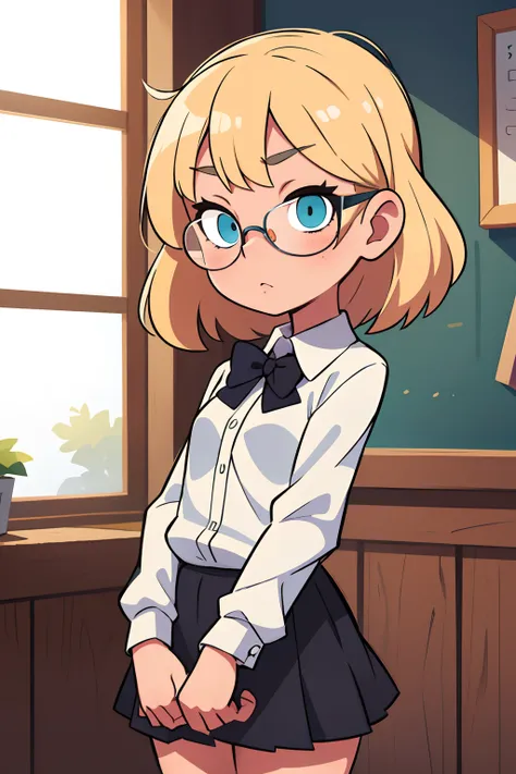 Schoolgirl girl,blond hair,collected in a bundle,eyeglasses,white blouse,blackskirt,Cyan eyes