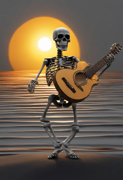 A skeleton dancing with a big smile on the gauge of heaven, Black fingers, plays the guitar, Simple gray background, The suns rays from behind