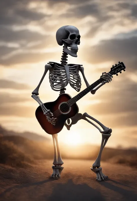 A skeleton dancing with a big smile on the gauge of heaven, Black fingers, plays the guitar, Simple gray background, The suns rays from behind