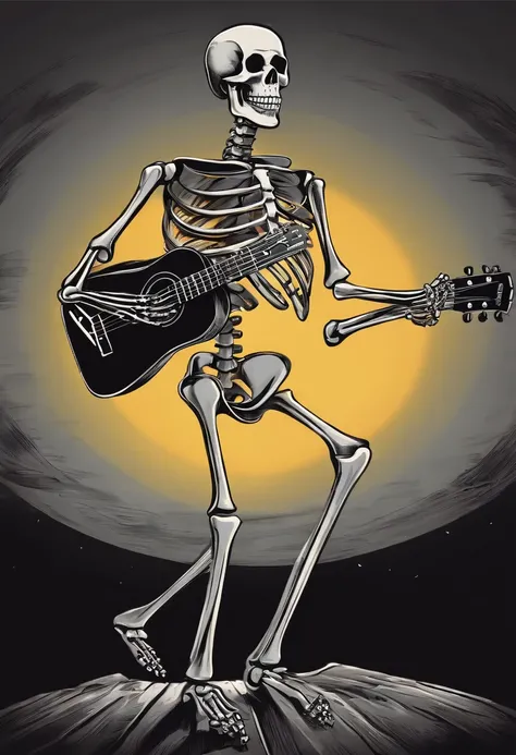 A skeleton dancing with a big smile on the gauge of heaven, Black fingers, plays the guitar, Simple gray background, The suns rays from behind