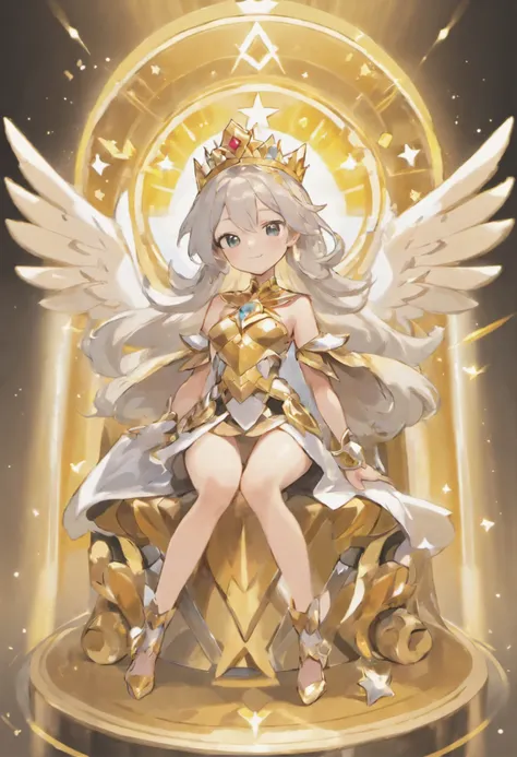 Full-body, silver-haired young girl, golden eyes, angelic body, and white armor with a mini skirt, wield a shield, wear a cloak and golden crown, sitting on the throne of golden sun, white wings, heavenly sun, and dawn background scene, the magic circle wi...