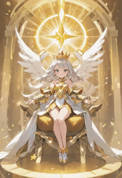 Full-body, silver-haired young girl, golden eyes, angelic body, and white armor with a mini skirt, wield a shield, wear a cloak and golden crown, sitting on the throne of golden sun, white wings, heavenly sun, and dawn background scene, the magic circle wi...