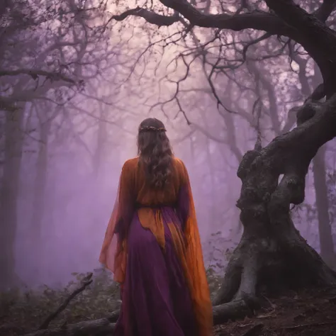 "(best quality, highres, ultra-detailed), The goddess casting mystical glowing spells in a haunted forest, orange and purple hues, portraits, vivid colors, extreme detail description, sharp focus, physically-based rendering, studio lighting, horror, witch,...