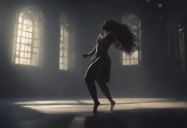 Black woman dancing in dark, vast room alone