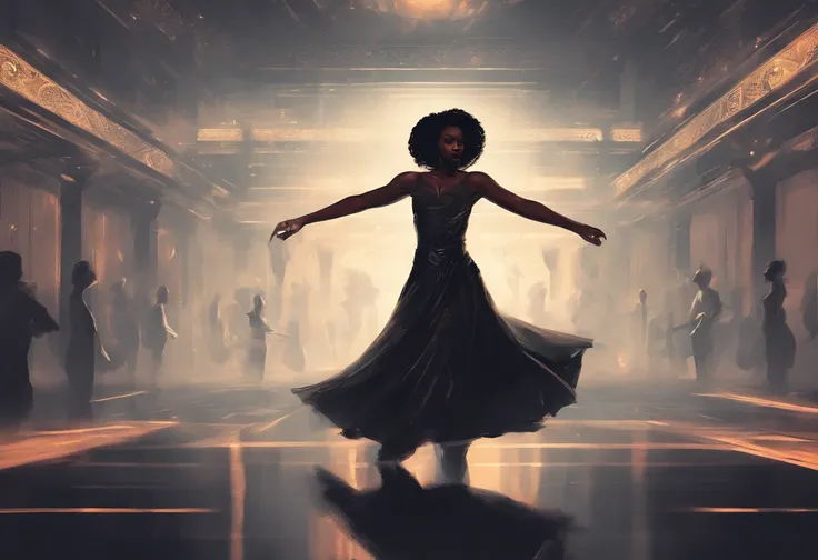 Black woman dancing in dark, vast room alone