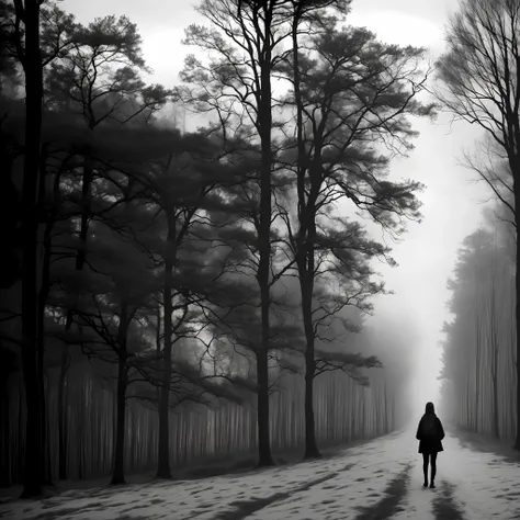 Dusk night view，A lonely girl，Gigantic girls，winter, forest, Black and white, Mist, humidity, HD quality - V 5