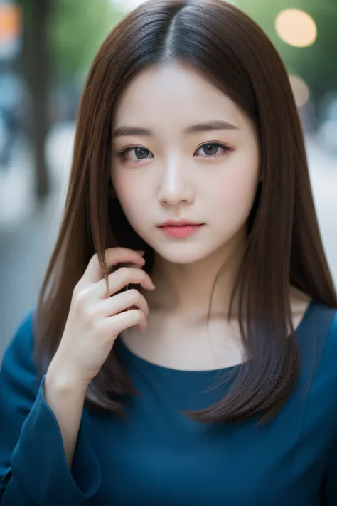 ((top-quality, 8K, tmasterpiece :1.3)), 1girll, ssmile, s whole body, Slim Faces, one pretty woman, (dark brown  hair), Long blue dress :1.1, Highly detailed face, Detailed eyes, 二重まぶた, The background is blurred out, Slim Faces, City streets, (Zhang Yuanyi...