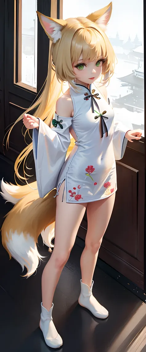 1girll，full bodyesbian, standing, Animal ears, sanimal ear fluff, Blonde hair, Green eyes, Small lively breasts，Raised sexy，Short cheongsam，full bodyesbian，standing on your feet