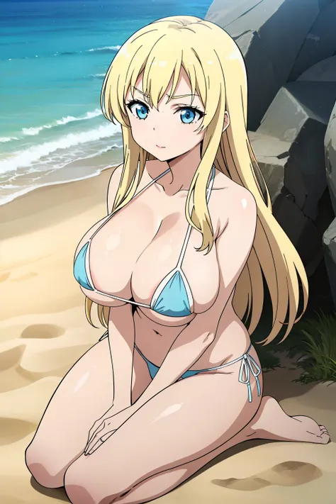 Seina Kashiwazaki, 1girl in, Blonde long hair, hair adornments, (huge breast), Light blue micro bikini, (all for), sand beach