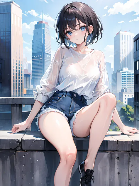 1girl, short black hair, blue eyes, wearing plain white shirt, denim shorts, city, absurdres, high res, ultrasharp, 8K, masterpiece, looking at viewer