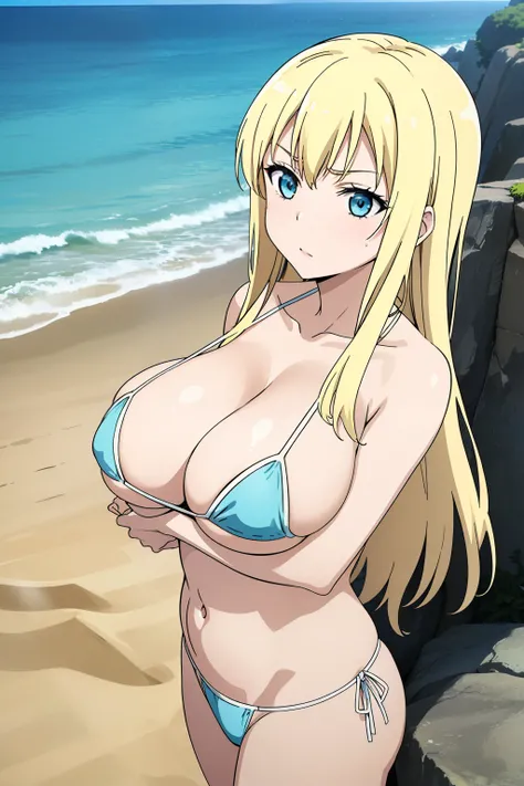 Seina Kashiwazaki, 1girl in, Blonde long hair, hair adornments, (huge breast), Light blue micro bikini, (all for), sand beach