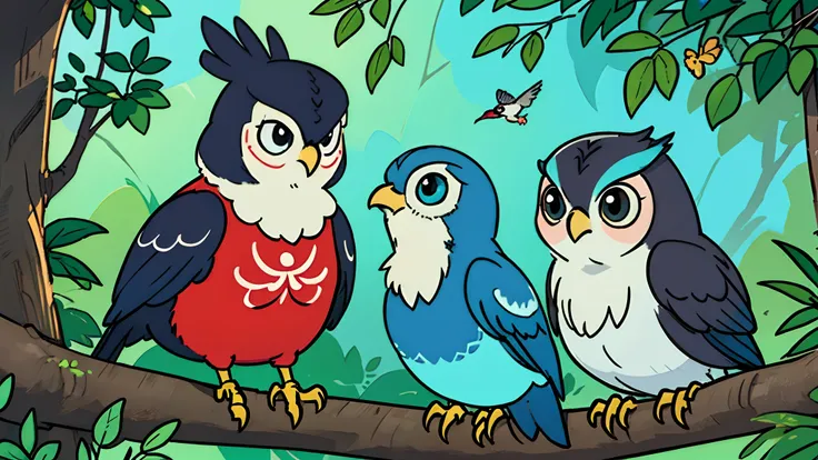 cartoon animation, a plump, adorable, and irresistibly
charming in different colors each, { Woodpecker, Robin
Sparrow, Owl, Hummingbird, Hawk, Blue Jay, Warbler
Thrush, Blackbird } character, standing on the tree
branches with cute characters, colorful vis...