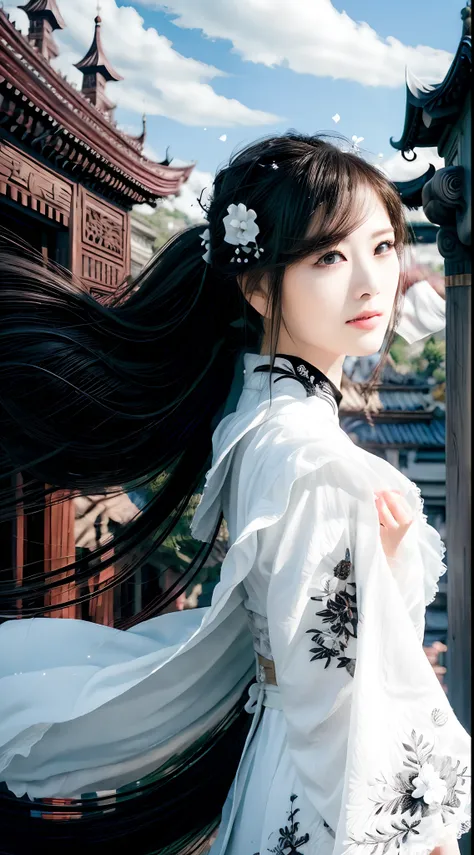 (Best quality,4K,A high resolution,Masterpiece:1.2),Ultra-detailed,Realistic, Black and white Hanfu,Black embroidery, Long flowing white ponytail, Long flowing hair, White mask, The mask flutters in the wind, Fringed Hair Ornament, peony flower, Ancient st...