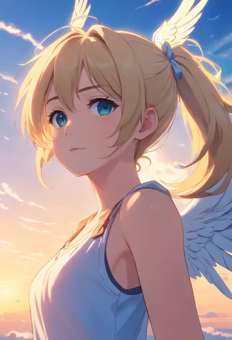 1 girl, blonde hair, ponytail, angel girl, blue sky background, masterpiece,