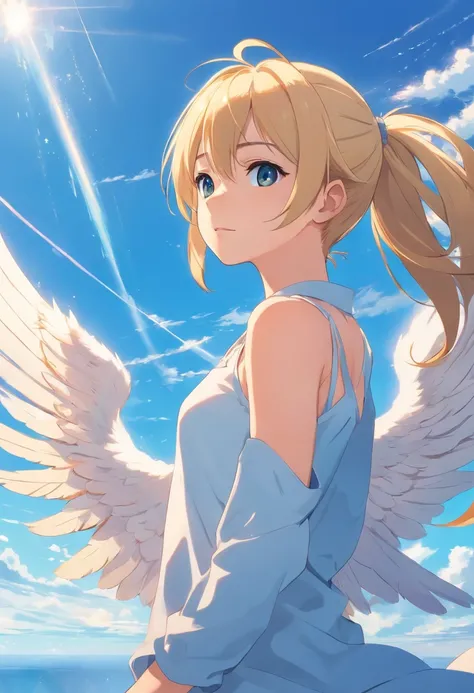 1 girl, blonde hair, ponytail, angel girl, blue sky background, masterpiece,