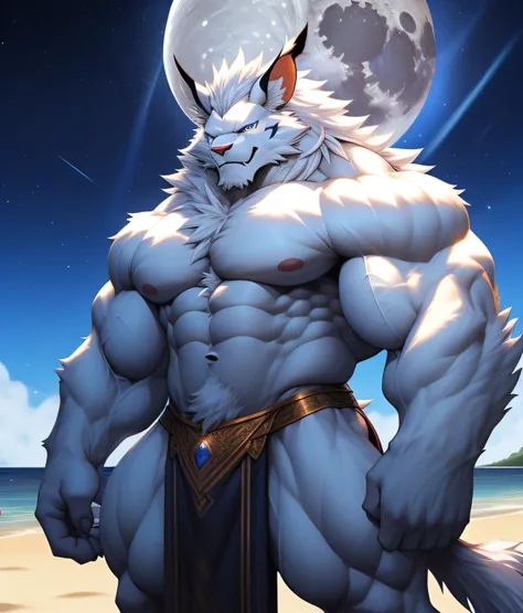 PRO competitive bodybuilder, nj5furry, ( albino, Leomon, massive, huge, muscular), albino Leomon, ((extremely realistic shadows, masterpiece, extremely detailed, photorealistic)), kemono, looking at the viewer, ((FRONT)), silver mane, Leomon albino, ((deta...