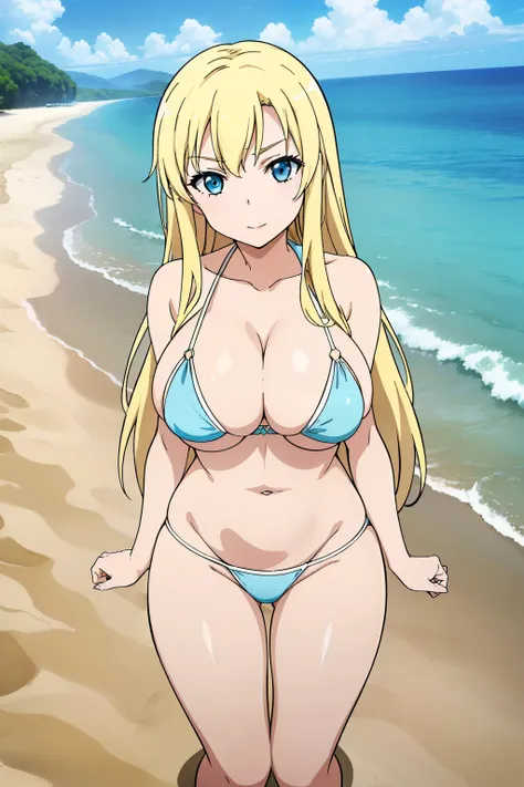 seina kashiwazaki, 1girl in, blonde semi-long, (hair adornments), (huge breast), light blue micro bikini, (all for:1.5), sand be...