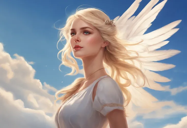 1 girl, blonde hair, ponytail, angel girl, blue sky background, masterpiece,