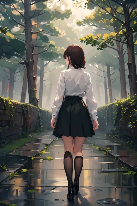 (Best quality),(Masterpiece), (Extremely detailed 8k wallpaper),（very heavy rain），Raindrops in the air，（the night），Cinematic lighting, Dim light, Best shadow, Under the trees, 1 girls back，（back），Brown hair，White shirt，black short skirt，black long socks，Bl...