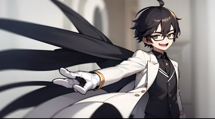 ((masterpiece, best quality)), (1boy), (solo), (male focus), (ahoge, black hair, short hair), (3d cinema glasses)) black eyes, slight smile, open mouth, ( (white coat), (buttoned coat), (button opening)), ((black pants), (long pants)), standing, white back...