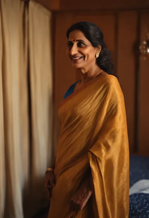 (Full body portrait:1.2),(((Sharpen))), hotel room, RAW, 8k, hard light, realistic skin texture, (((photorealism)), closeup, there is a woman, she is fifty years old, looking like indian aunty, she is very beautiful, smiling face, westren outfit