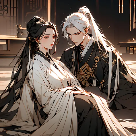 Mature woman，Royal Sword Flight，cabelos preto e longos，face expressionless，Hanfu，Manteau blanc，Highest image quality，Beautiful eyes，Delicate facial features，Chinese painting illustration，Long hair with a fluffy and messy high ponytail，sketch，Eye light perc...