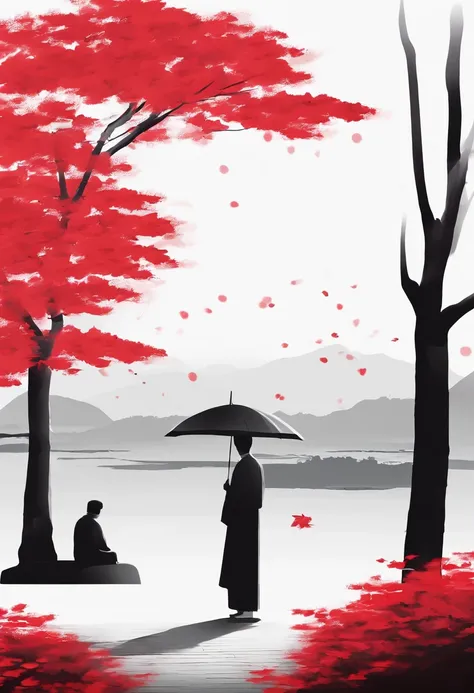 A tree with red dotted leaves, Little people under the tree, Black and white Suzhou architecture in the distance, Chinese Style Landscape Zen Minimalist Aesthetics Chinese Traditional Culture Chinese Style Landscape New Chinese Oriental Aesthetics High-end...