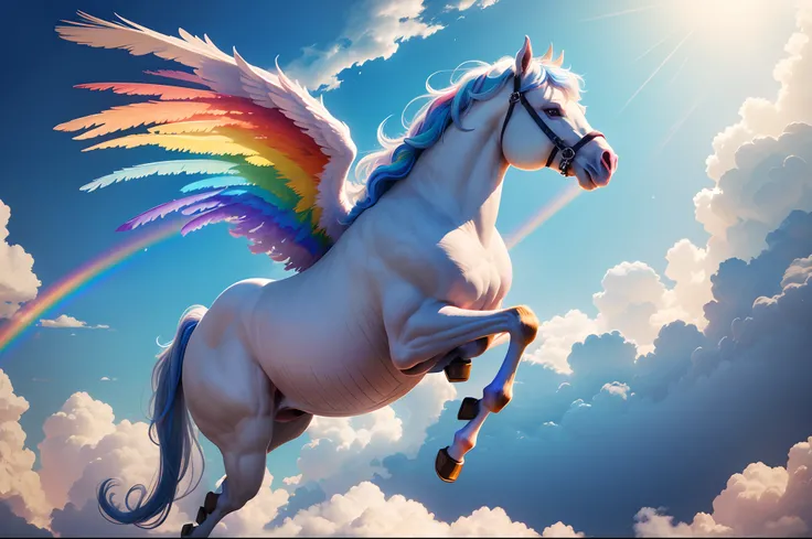 A fantastic animal, rainbow pegasusgasus, like a horse with wings and stripes in rainbow colours, flying over a blue sky with white fluffy clouds. Illuminated by soft sunlight.