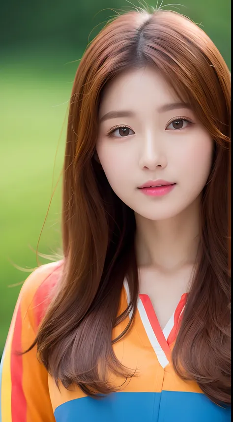 Realistic photos of (1 cute Korean star) brown medium hair, thin makeup, 32 inch breasts size, wearing colourful shirt, in on the mountain, close-up portrait, UHD