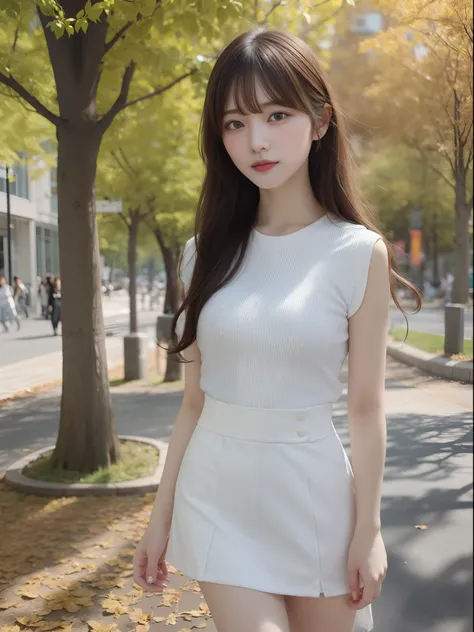 Shot on the promenade of a park in early autumn。The model is、Im strolling along the promenade where the sun shines through the trees.................。 Modeled after a beautiful 20-something actress。 
Realistic、Realistic and ultra-detailed finish、Create ver...