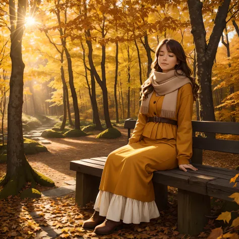 (Best quality,4K,8K,A high resolution,Masterpiece:1.2),Ultra-detailed,(Realistic,Photorealistic,photo-realistic:1.37),Beautiful autumn holidays,Girl in the garden,tranquil ambiance,fall foliage,Cozy atmosphere,warm sunlight,Golden leaves,Fresh air,Rustic w...