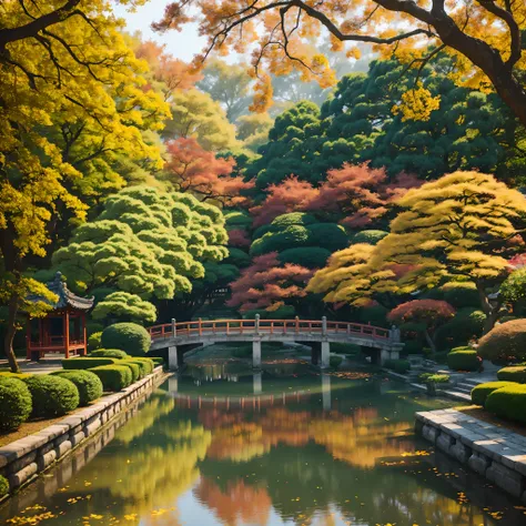 a beautiful autumn scene in a Suzhou garden, with vibrant fall colors and serene atmosphere,filled with colorful leaves swirling around,beautifully arched bridges across calm water,traditional Chinese architecture with intricate details,ornamental pavilion...