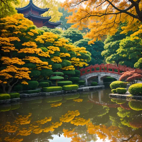 a beautiful autumn scene in a Suzhou garden, with vibrant fall colors and serene atmosphere,filled with colorful leaves swirling around,beautifully arched bridges across calm water,traditional Chinese architecture with intricate details,ornamental pavilion...