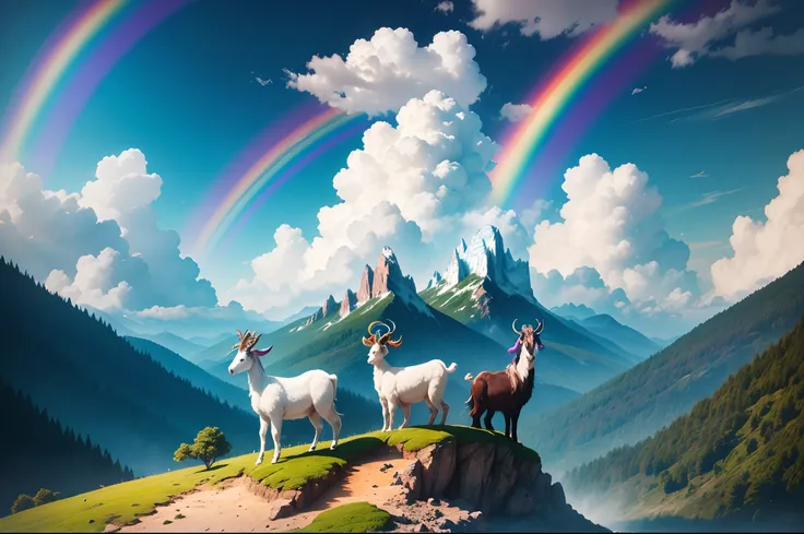 Fantastic animals, rainbow magical goats, goats with stripes in rainbow colours, climbing a mountain with a magical forest, blue sky with white fluffy clouds. Illuminated by soft sunlight.