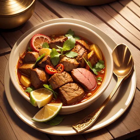 very realistic, high-detail, and 16k high-resolution images of plates.,Hang Lay Curry,Large pieces of meat.,Kham Bowl,Gold Texture,ornate,Anime