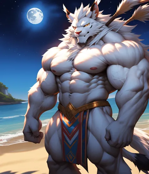 PRO competitive bodybuilder, nj5furry, ( albino, Leomon, massive, huge, muscular), albino Leomon, ((extremely realistic shadows, masterpiece, extremely detailed, photorealistic)), kemono, looking at the viewer, ((FRONT)), silver mane, Leomon albino, ((deta...