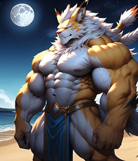 PRO competitive bodybuilder, nj5furry, ( albino, Leomon, massive, huge, muscular), albino Leomon, ((extremely realistic shadows, masterpiece, extremely detailed, photorealistic)), kemono, looking at the viewer, ((FRONT)), silver mane, Leomon albino, ((deta...