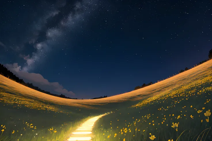 Ipponsugi on the hill、Pitch Black Night Sky、Star-filled sky、Evening primrose in the foreground、Pod Light、nighttime scene