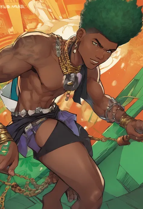 a close up of a dark skin person in a dark green  shirt with black sleeves, chained belt, African American character in tekken, emerald green eyes, buzzcut  hair, full body close-up shot, male character, single character full body, full body shot hyperdeta...