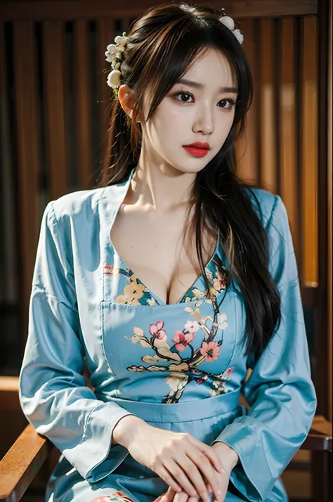 (A half body，Close-up，closeup cleavage)，Arakfi Asian woman sitting in chair，Wearing a green and gold dress, (outside,hot onsen，florals，grassy，nevando） ， A girl in Hanfu, Hanfu, Cheongsam, with acient chinese clothes, Traditional beauty, Traditional Chinese...