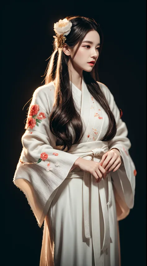 (Best quality,4K,A high resolution,Masterpiece:1.2),Ultra-detailed,Realistic, Black and white Hanfu,Black embroidery, Flowing white ponytail, Long flowing hair, White mask, The mask flutters in the wind, Fringed Hair Ornament, Peony flower, Ancient style, ...