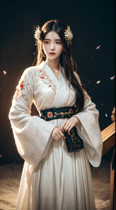 (Best quality,4K,A high resolution,Masterpiece:1.2),Ultra-detailed,Realistic, Black and white Hanfu,Black embroidery, Flowing white ponytail, Long flowing hair, White mask, The mask flutters in the wind, Fringed Hair Ornament, Peony flower, Ancient style, ...