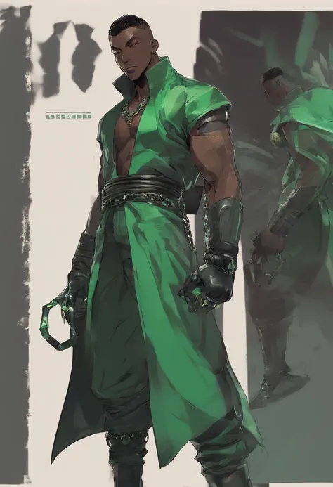 a close up of a dark skin person in a dark green  shirt with black sleeves, chained belt, African American character in tekken, emerald green eyes, buzzcut  hair, full body close-up shot, male character, single character full body, full body shot hyperdeta...