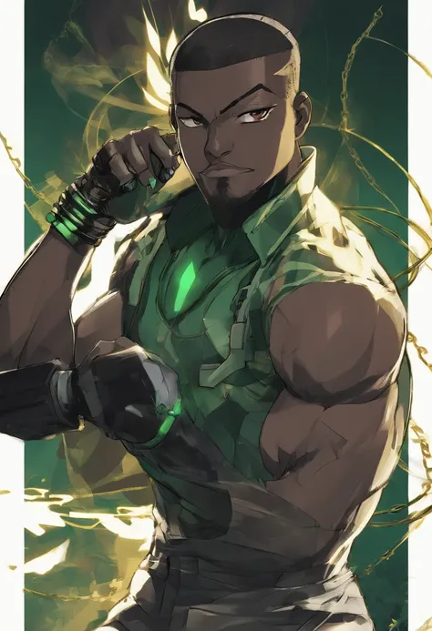 a close up of a dark skin person in a dark green  shirt with black sleeves, chained belt, African American character in tekken, emerald green eyes, buzzcut  hair, full body close-up shot, male character, single character full body, full body shot hyperdeta...