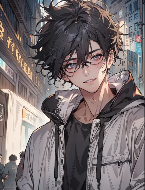 ((highest quality, masterpiece, 4k, finely detailed, detailed eyes, detailed face, gelbooru, pixiv)), warm lighting, ((solo)), 1 male, boy in glasses, handsome, masculine, adult male, broad shoulders, closeup of face, ((black chin hair)), portrait, slight ...