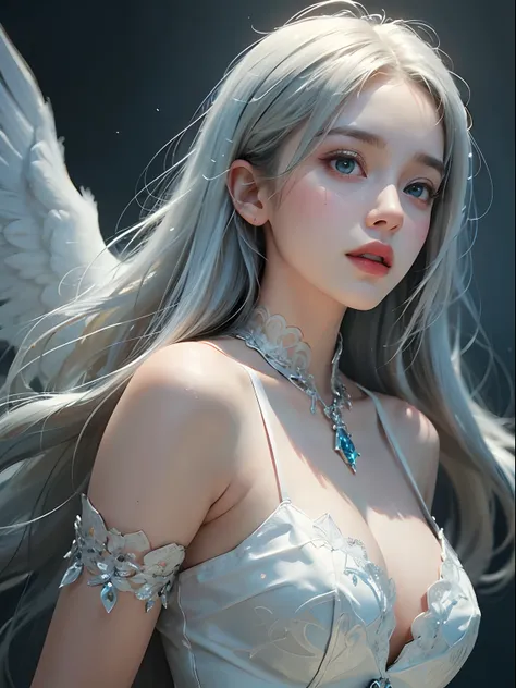 (Dynamic poses) 1beautiful girl, white hair, angelic, cute, childish, chubby cheeks, blue eyes, long silver straight hair with bangs, white dress, intricate ornaments, realistic, dynamic angles, cinematic lighting, trending on ArtStation, by Irakli Nadar, ...