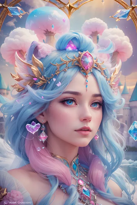 Cotton Candy Queen Women Goddess 8k Resolution Rendered Hyper Realistic Intricate Detail lives in an frosty heart shaped ice bubble, a fanciful place filled with castles, cotton candy, swans lakes and fluffy clouds, An intricate visual representation of co...