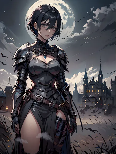 gloomy goth emo female knight, depressed, cloudy foggy misty setting, vast desolate field, castle in far distance, black eyeliner, black eyeshadow, tomboy, short hair, hair between eyes, side-locks, medieval intricate elaborate knight armor, narrow waist, ...