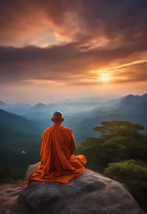 The former monk meditates on the top of the mountain,,Sunrise behind the monk, Ultra photo realsisim